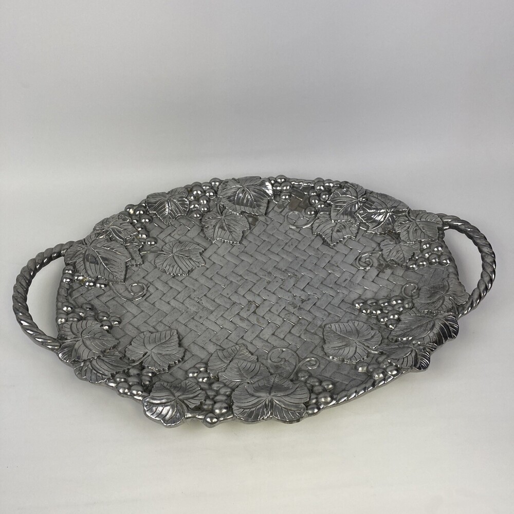 Lenox Fruit Weave Serving Platter Handle Tray 22" Grape Leaf Metal Silver Basket